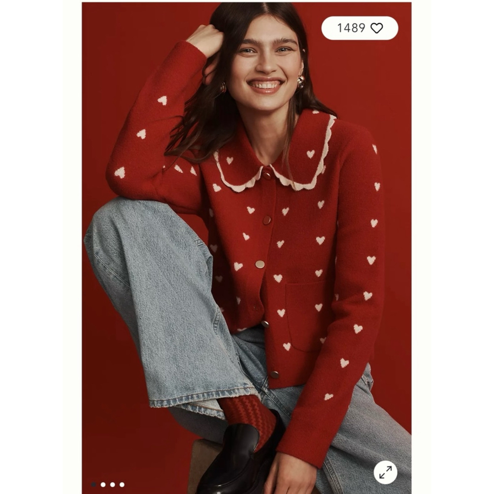 Anthropologie Red Heart-Print Cardigan with Cream Trim
